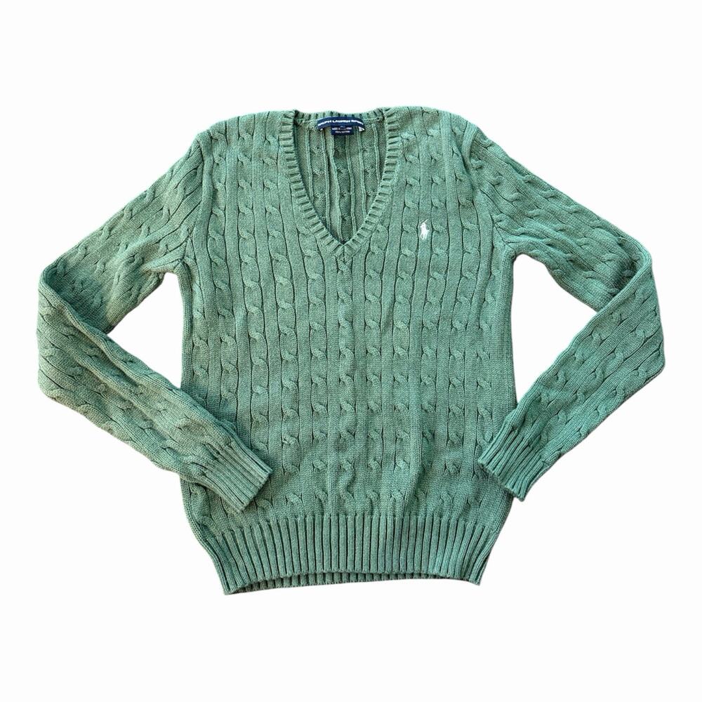 VTG Ralph Lauren Sport Cable Knit V-Neck Sweater Green Size L 100% Cotton Y2K